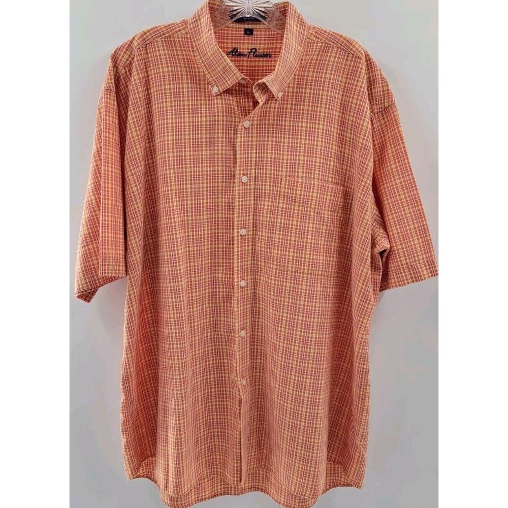 Alan Flusser Short Sleeve Mens XL‎ Button Up Seersucker Cotton Loose Fit Orange